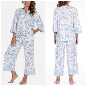 Flora Nikrooz Pajama Set in Blue and Cream 2-Piece Printed Crop Pant